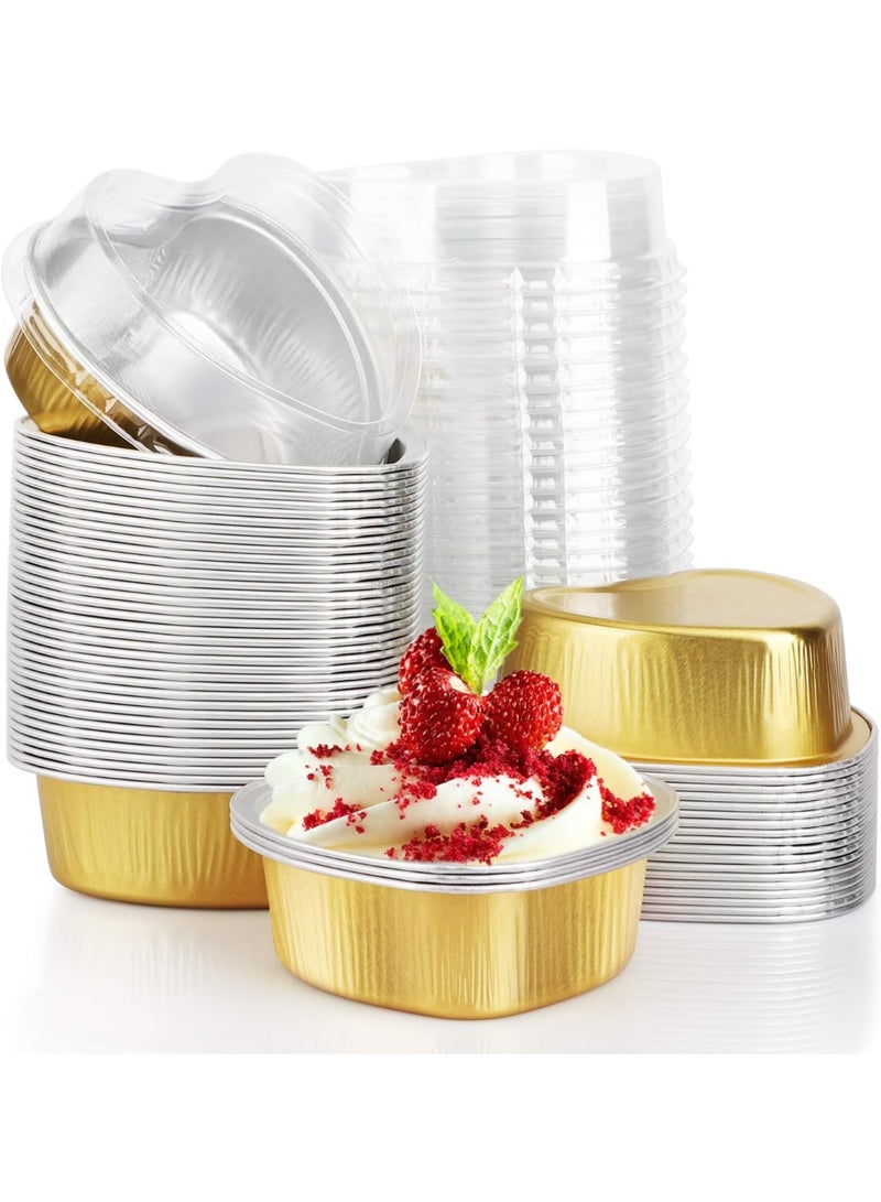 Arabest Heart Shaped Baking Pans, 3.4oz 50pcs Aluminum Foil Cupcake Baking Cups with Lids, Valentines Day Gifts, Pie Ramekins Desserts Flans, Custard Cake Pudding Jello Cups, Wedding Party -Gold - Image 1